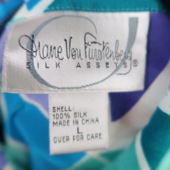 Vintage 90s Diane Von Furstenberg Blue Triangle Geo Silk Blouse Tunic Top L - Picture 5 of 6